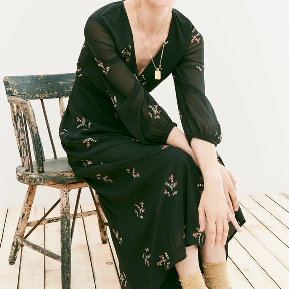 Madewell Night Flower Wrap-Effect Chiffon Dress, Dark Green, Size O - Picture 1 of 7